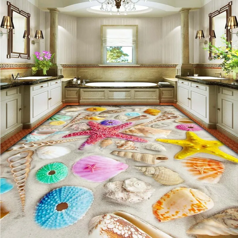 

Free shipping custom Bathroom 3D floor gorgeous beach multi colored shells floor self-adhesive chinese photo wallpaper mural