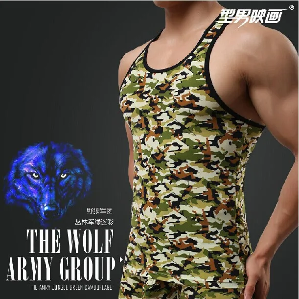 

2014New Freeshiping Slim dark green camouflage series of fitnessMen's Tank tops t bottoming waistcoat Men vest