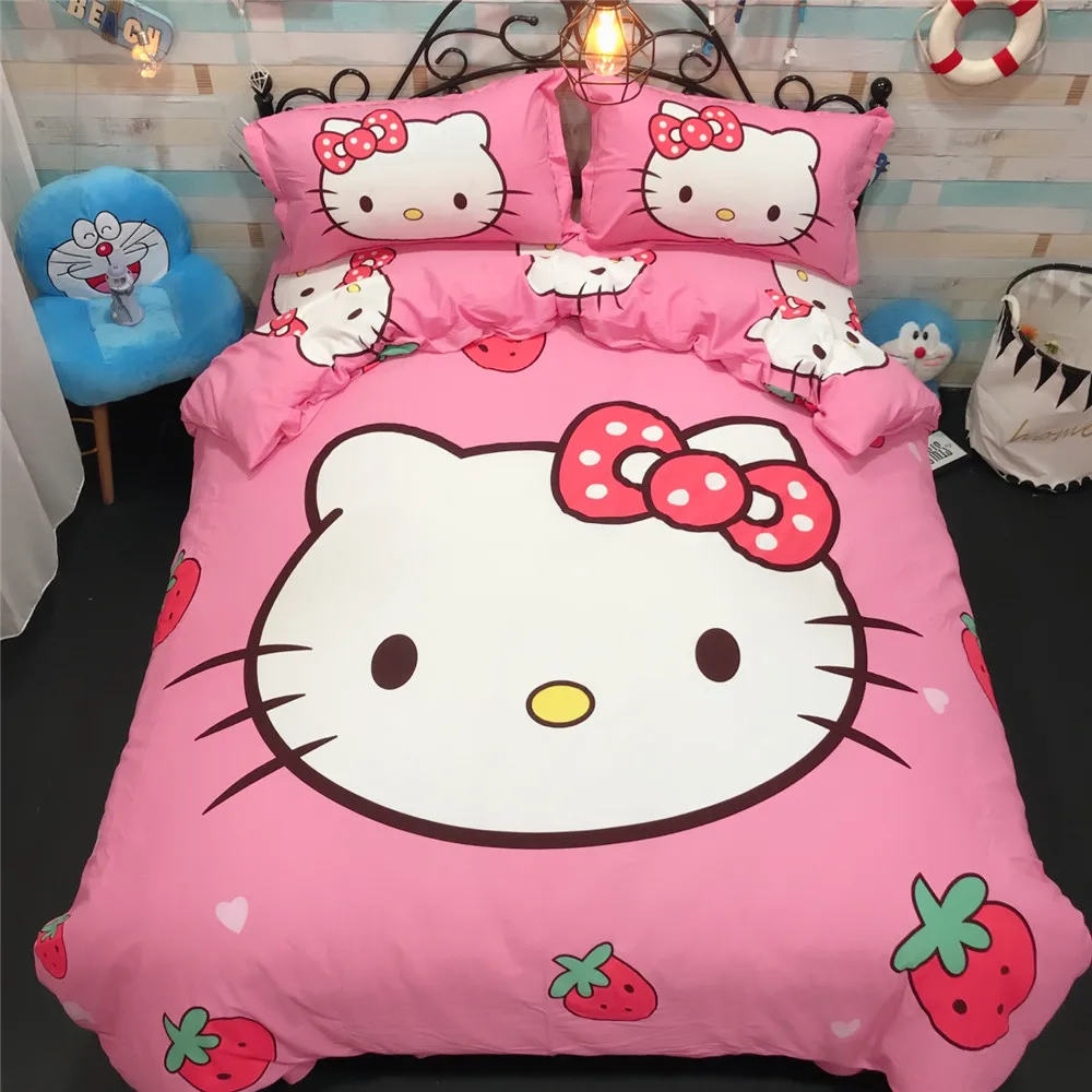 

Lovely pink red KT cat Fruit strawberry bedding sets princess girls sheet duvet cover pillowcases 4pcs wedding home ornament