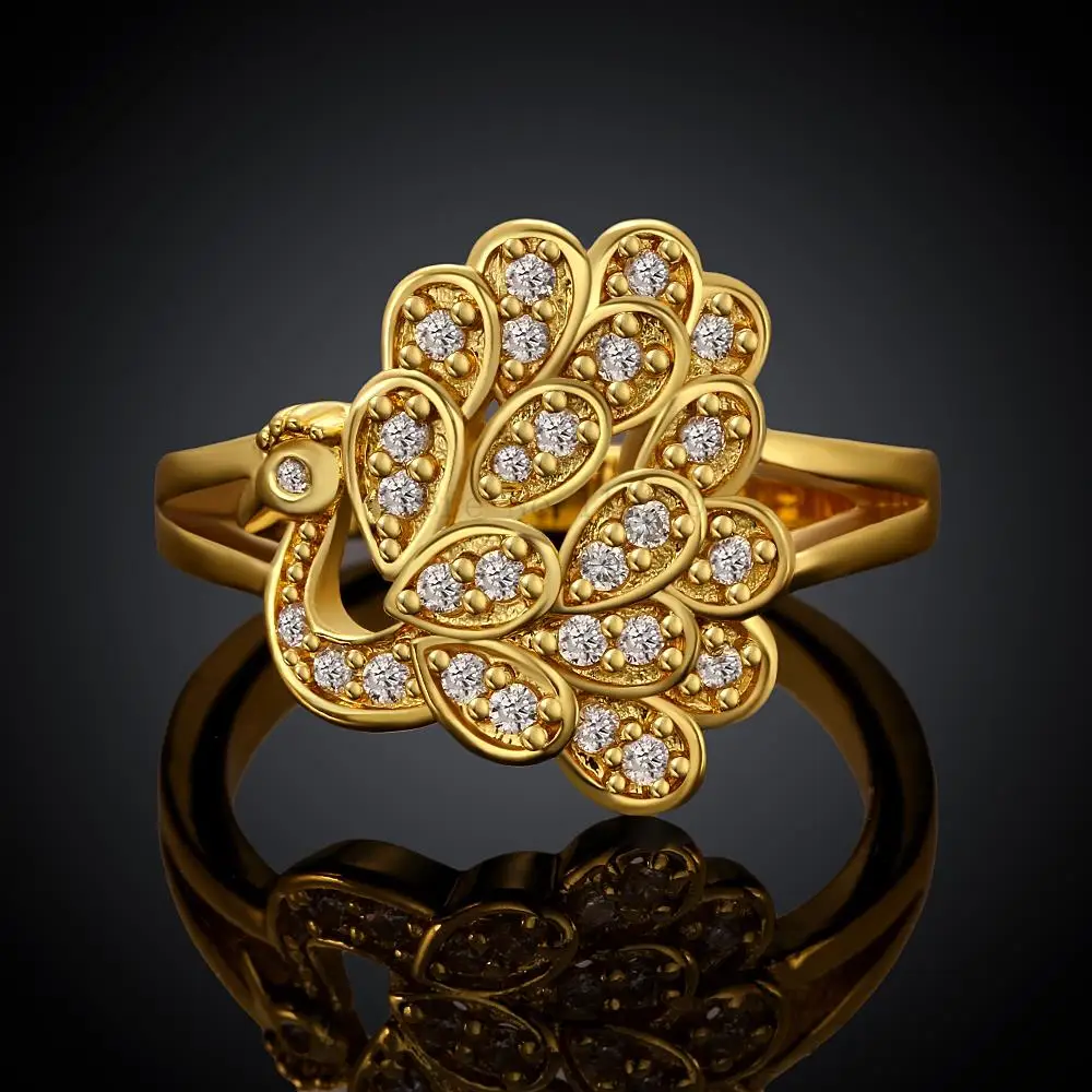 ZR082 A Top Quality Gold Color Zircon Paved Peacock Ring 2015 New