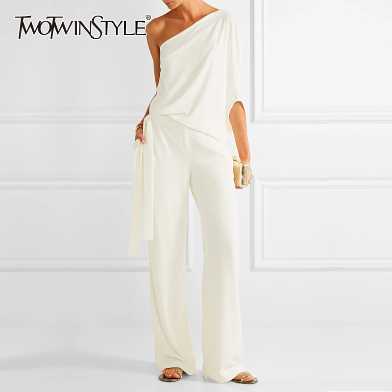 TWOTWINSTYLE Summer Solid Two Piece Set For Women Irregular Sleeve Ong Shoulder High Waist Bandages Pants Suits Female 2020 New TWOTWINSTYLE Summer Solid Two Piece Set For Women Irregular Sleeve Ong Shoulder High Waist Bandages Pants Suits Female 2020 New
