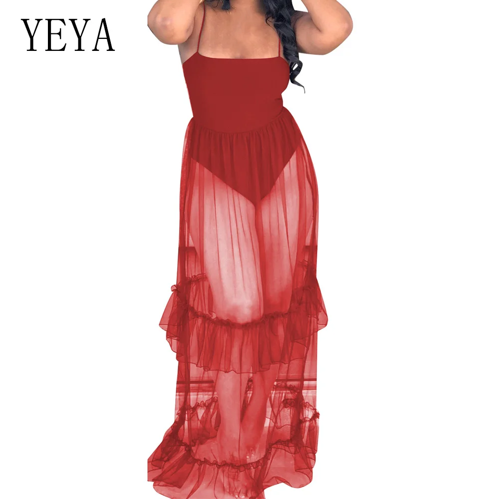 

YEYA Red Vintage Mesh Perspective Dress Sexy See Through Ruffles Club Long Dress Off Shoulder Summer Boho Beach Party Dresses