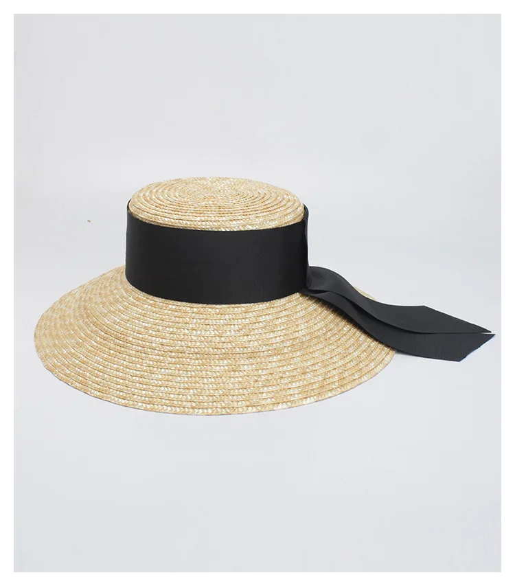 Летняя соломенная шляпа унисекс ручной работы с плоским верхом, женская шляпа с широкими полями и бантом, пляжные кепки для защиты от солнца