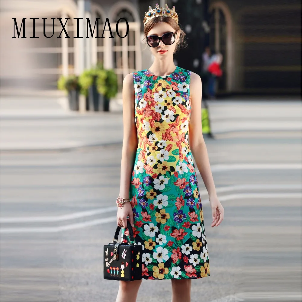 

2018 Spring & Summer New Arrival High Quality Casual O-Neck Sleeveless Flower Print A-Line Elegant Knee-Length Dress Women