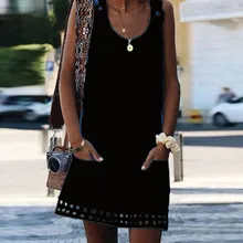 Женское летнее платье в стиле бохо, повседневное пляжное платье без рукавов с пуговицами и карманами, однотонные пляжные платья vestidos verano