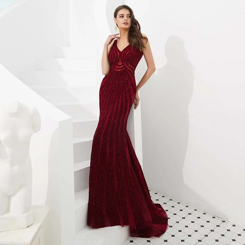 Халат De Soiree бордовый Вечеринка платье реальные фотографии блесток Кристалл Вечерние случаю Формальное длинное вечернее платье