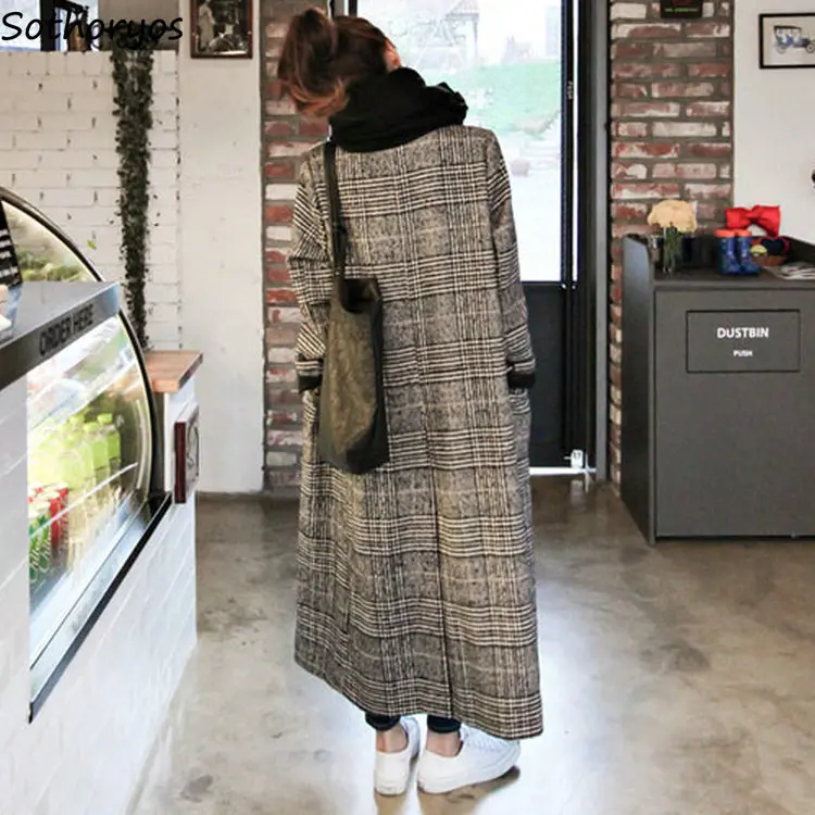 Шерсть для женщин длинная на одной пуговице прямая клетчатая простая универсальная Смешанная Женская Корейская стильная ретро элегантная женская куртка