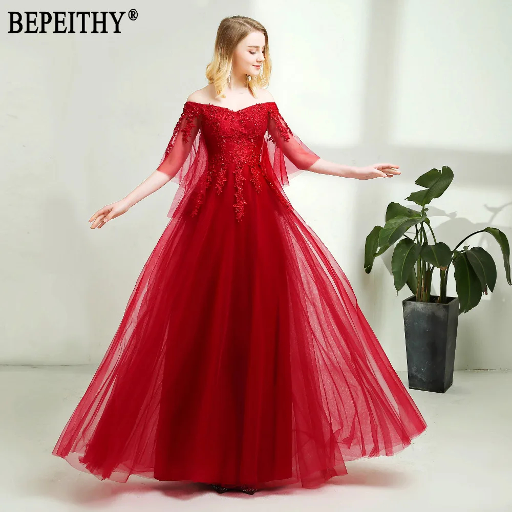 

BEPEITHY 2019 New Design vestido de festa Half Sleeve Appliques Beads Tulle V-Neck Wine Evening Dresses Long
