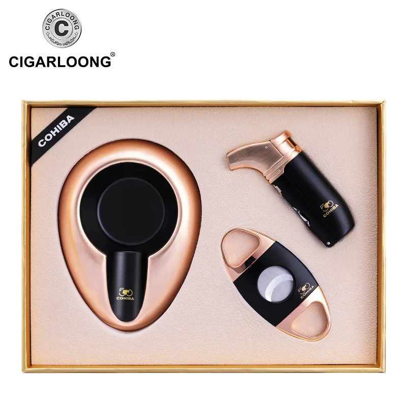 

CIGARLOONG Cigar Ashtray Sets Travel Portable Ashtray with Stainless Steel Cigar Cutter and lighter Gift Package CQ-4001