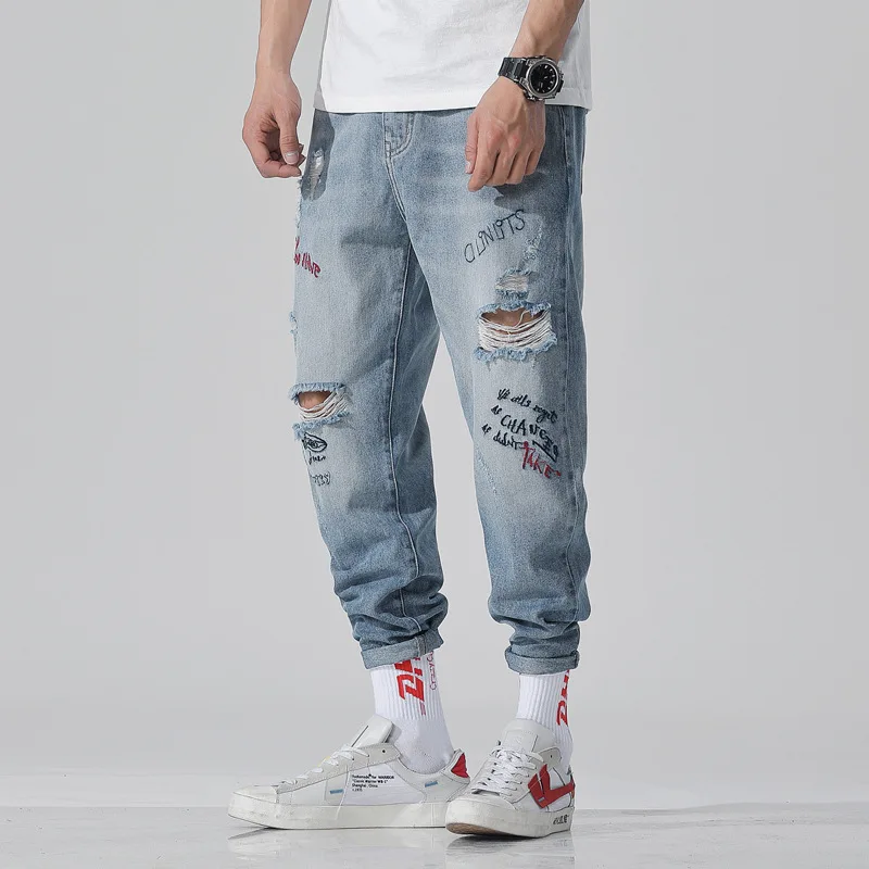 New Summer Jeans Embroidery Pants Jeans Fashion Casual Washed Ripped Distressed Holes Jeans Denim Trousers Ninth Pants