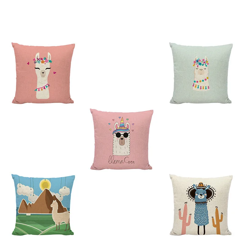 Colorful Alpaca Cushion Cover Personality Flowers Lovely Naughty Simple Alphabet Avatar Warm Beige Style Flax Home Decoration | Дом и сад