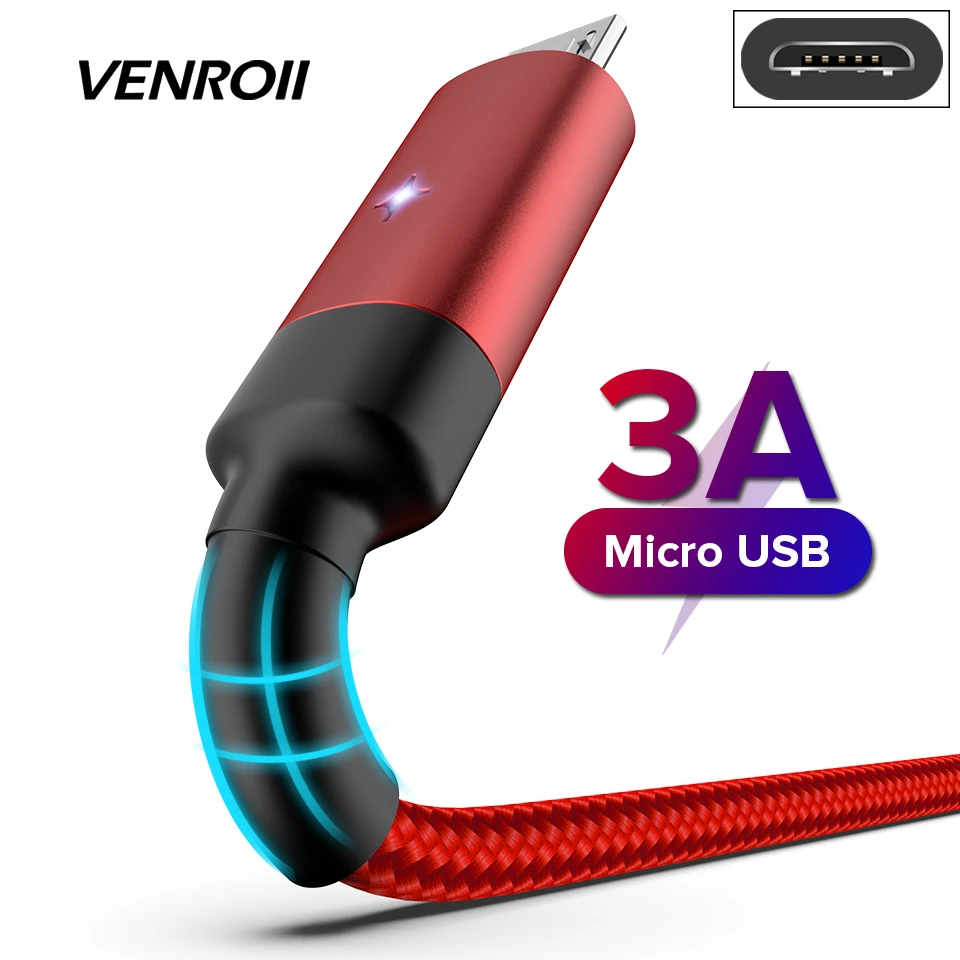 Venroii Micro USB кабель 2.4A Быстрая зарядка для передачи данных мобильного телефона
