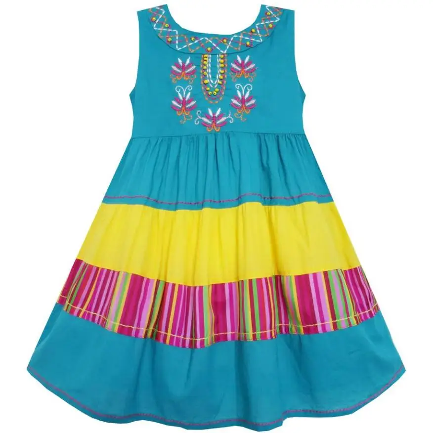 Sunny Fashion платья для девочек Цвет Блок В полоску Вышитый Цветок Синий Хлопок 2020