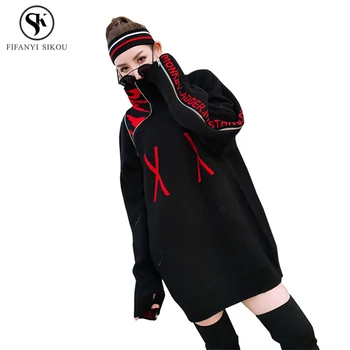 

2018 Autumn New Fashion Keep warm Tops Letter zipper Knitting Turtleneck Sweater women Plus size Street style Pullover LP152