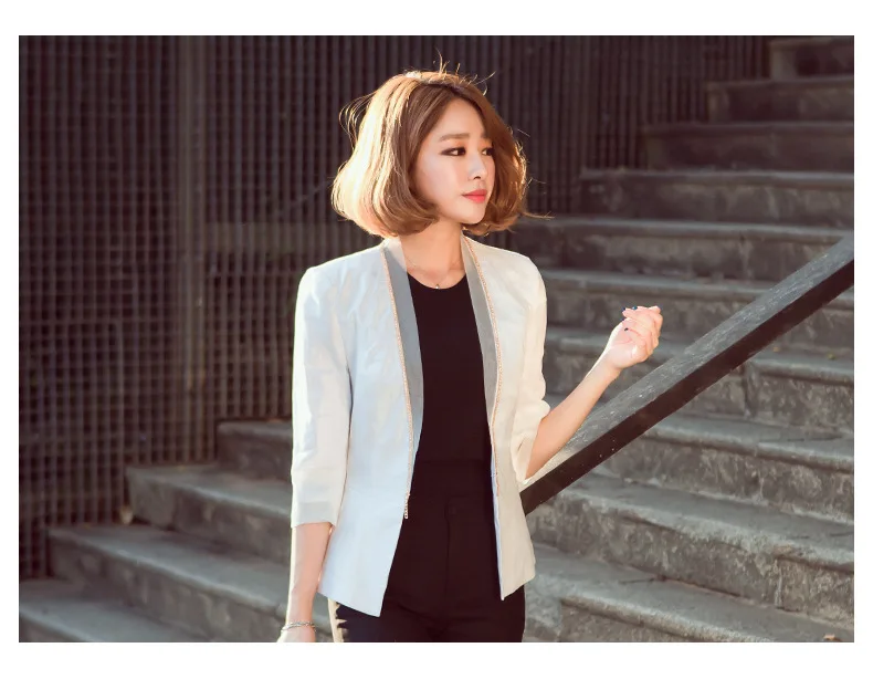 HanOrange бисероплетение воротник OL офисный женский узкий тонкий куртка для отдыха женский льняной Блейзер серый синий/белый/хаки S-Plus Размер