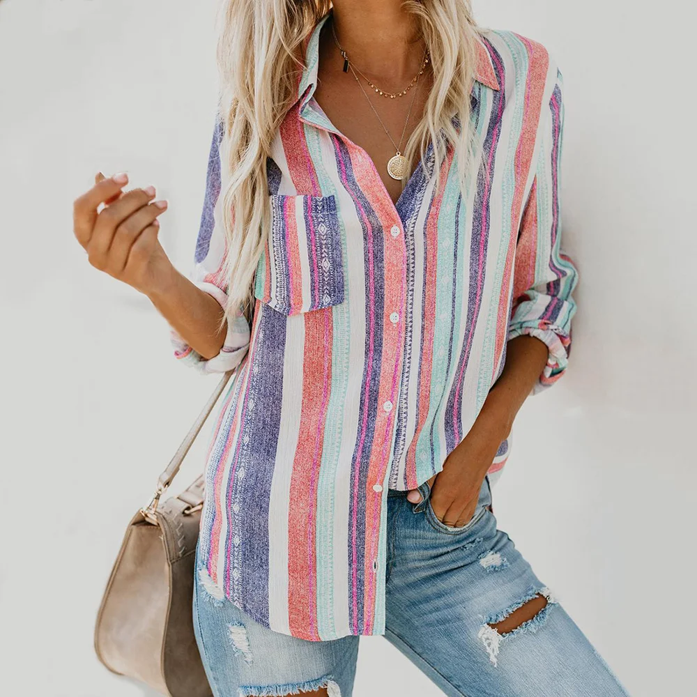 

Fashion Color Stripes Large Women Blouse Ladies Autumn 2019 New European Shirts Female Womens Top and Blouses XXL