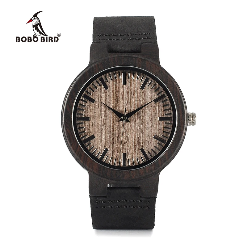 BOBO BIRD Ebony Watch Men Wooden Quartz Watch Leather Straps Wristwatches Men's Great Gift relogio masculino Drop Shipping