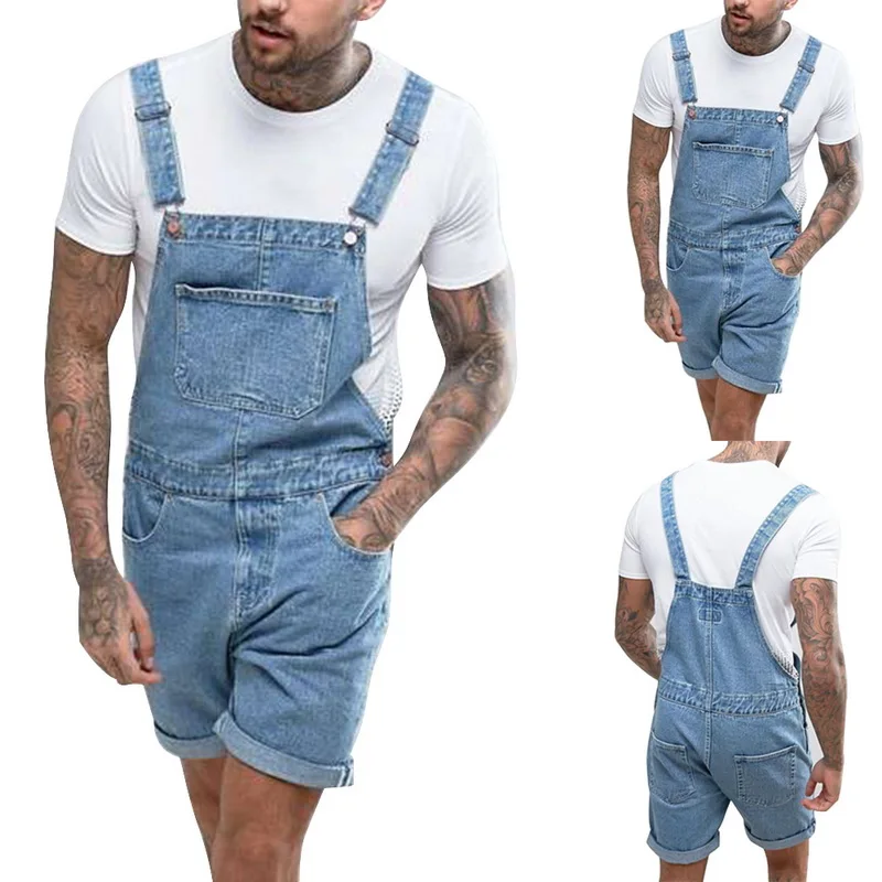

MoneRffi New Summer One-Piece Jeans Men Casual Knee Length Denim Jeans Men Vintage Distressed Bib Overalls Jean Homme Pants