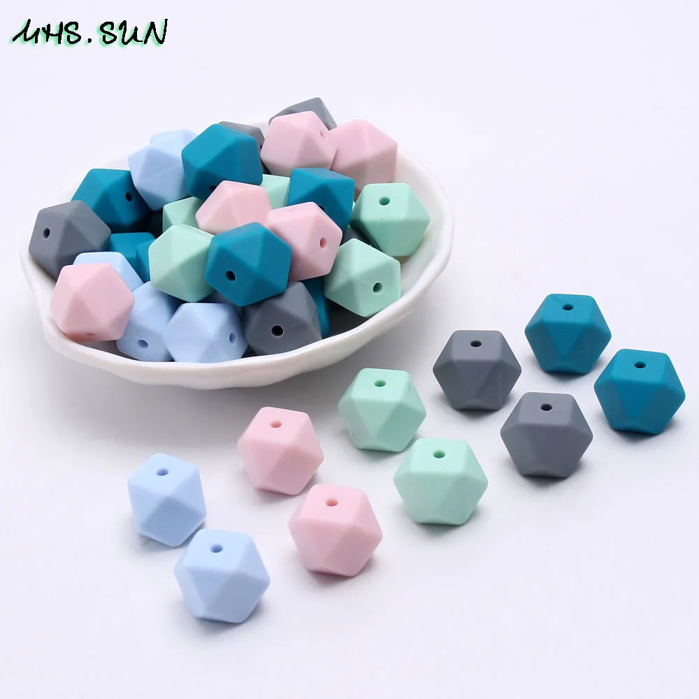 MHS.SUN Silicone Beads 17mm Baby Teething Teether DIY Toy Blue/Green Hexagon Loose Beads Make Chewable Teething Necklace Jewelry