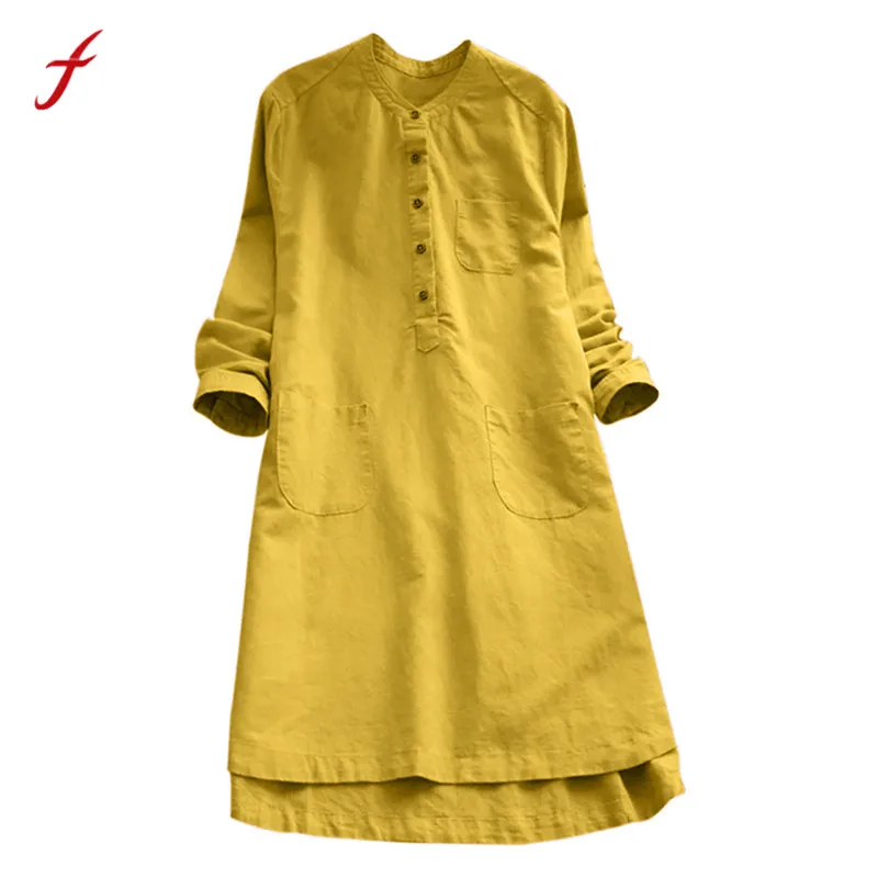 

Feitong women summer dress Long Sleeve Casual Loose Button Mini VNeck beach dress Fashion Dress vestidos tallas grandes mujer