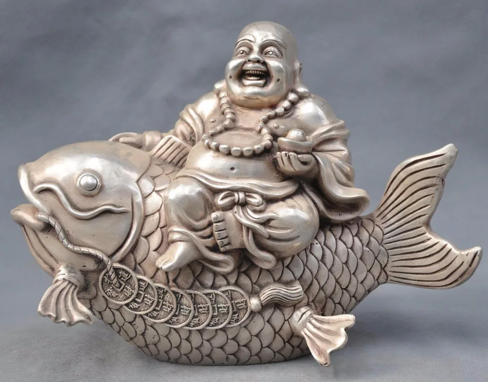 

6911" China Silver Bronze Happy Maitreya Buddha Monk Ride Fish Statue