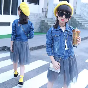 

2Pcs Children Clothing Sets Spring Summer Girls Outfits Fashion Denim Jeans Coat & Tulle Skirts Suit For Girls ensemble fille