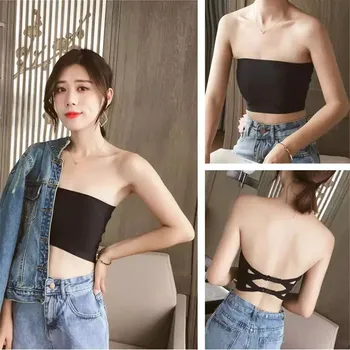 

Women Ice Silk Seamless Solid Tube Tops Adjustable Chest Wrap Comfortable Underwear Strapless Back Hollow Cross Bandeau
