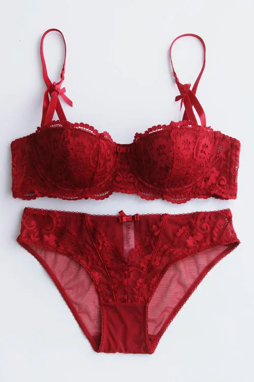 cheap underwear sets New Fashion lace cup red underwear luxury comfortable sexy padded bra panties set plus size cup ABCD plus size women bra french knickers set Bra & Brief Sets