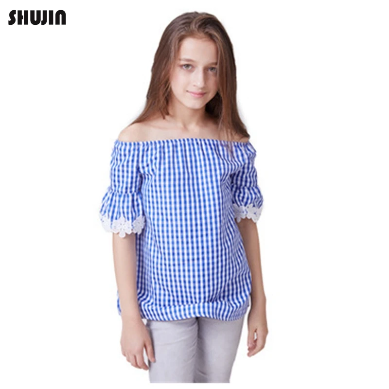

Shujin Girls Word Shoulder Shirt Summer Fashion Light Blue Plaid Off Shoulder Pullover Shirt With Lace Half Sleeve Girls Clothes