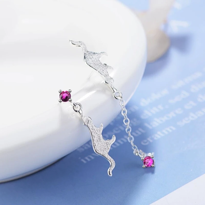 

New Brushed Cute Cat Crystal 925 Sterling Silver Temperament Personality Fashion Female Dangle Earrings SEA373