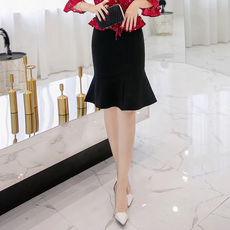 SEXMKL Plus Size Women Red Pencil Skirt Faldas Mujer Moda Korean Elegant Sexy Ruffle Skirt Ladies High Waist Black Skirt