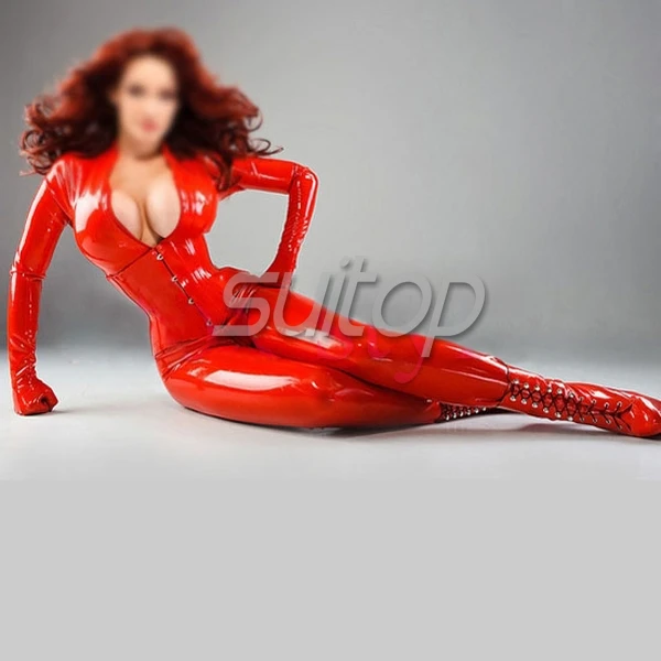 Блестящий красный сексуальный корсет латексная резина полный обтягивающий сексуальный костюм комбинезон латексная одежда с передней молнией