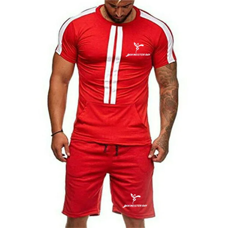 Мужской спортивный костюм, модная футболка, мужские фитнес костюмы, комплекты из двух предметов, летний лоскутный мужской спортивный костюм с короткими рукавами - Цвет: Красный