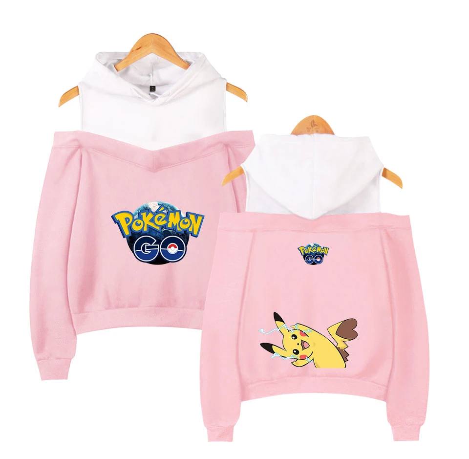 

2019 HIP HOP FASHION Anime Pokemon series off-the-shoulder shirt women's hooded sweatshirt casual wear Trendy leisure ms apparel