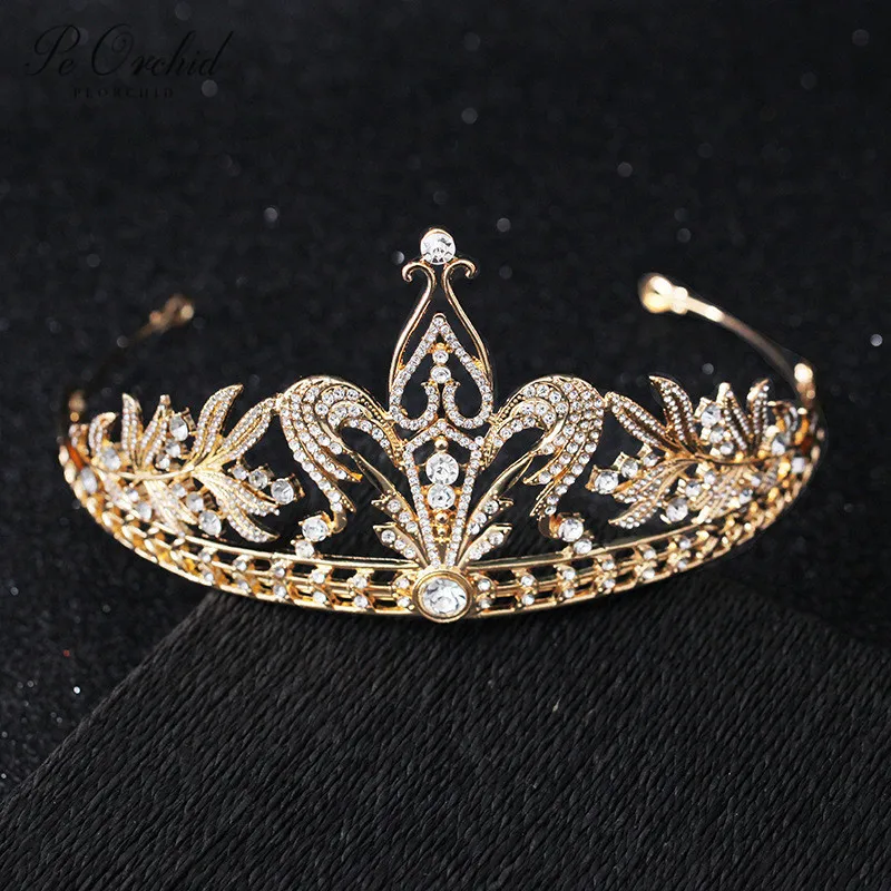 

PEORCHID Gold Wedding Crown For Brides Queen Crystal Hair Accessories Princess Bridal Tiara Bride Jewelry Hairwear Women 2019