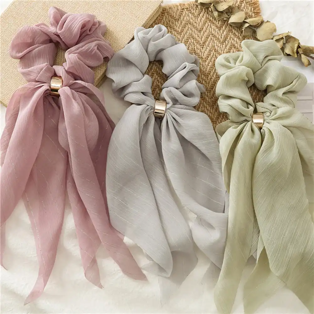 Frauen Chiffon Bow Long Ribbon Haarschal Elastic Scrunchie Gummiseil Haargummis