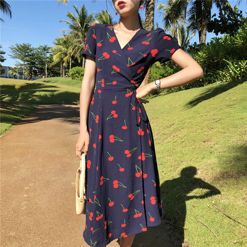 

Summer Print Cherry Dress Women V Neck Short Sleeves Chiffon Bohemian Dresses Beach Knee Length Female Wrap Dress