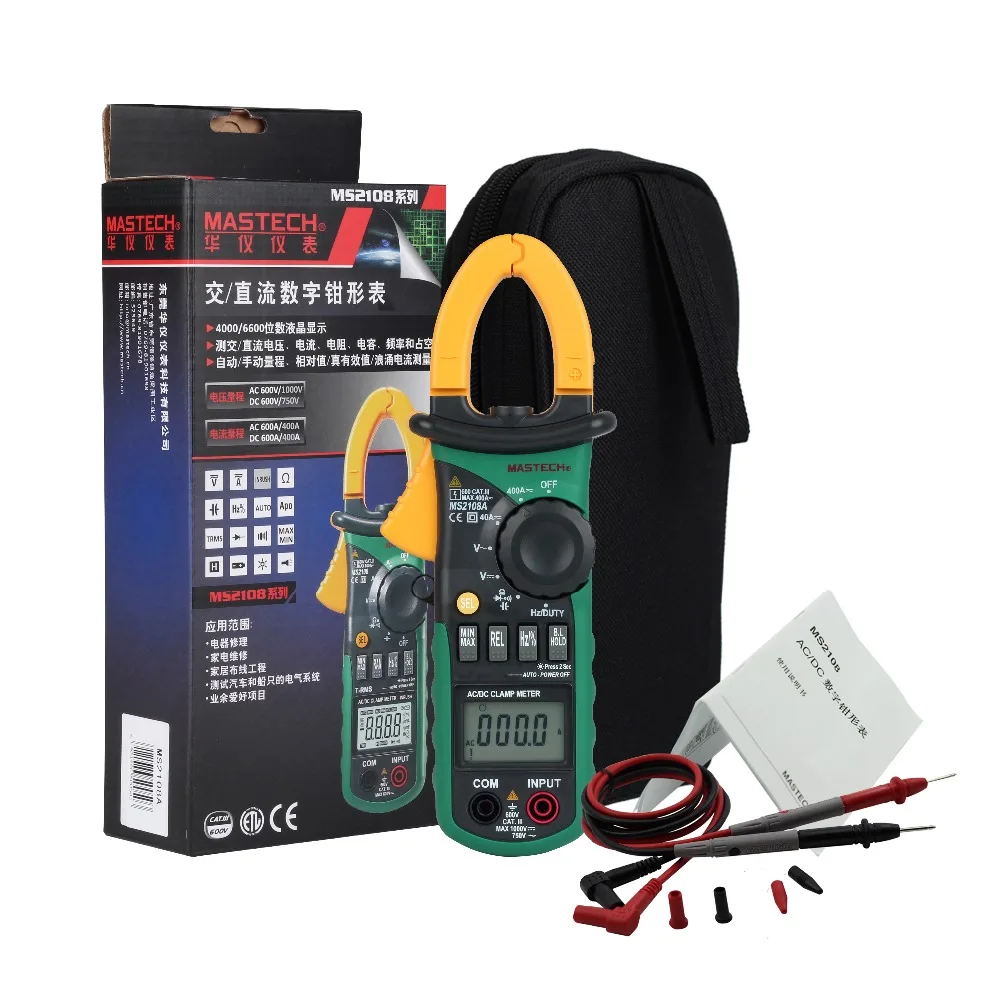

Mastech MS2108A Digital Clamp Meter Auto Range DC AC 400A Current Multimeter Voltage Frequency Capacitance Ohm Diode Tester