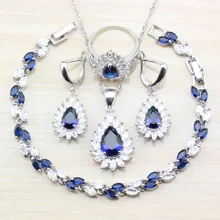 Удивительные женские модные аксессуары 925 серебряные ювелирные наборы синий и браслет из белого циркония/кольцо, серьги, ожерелье наборы