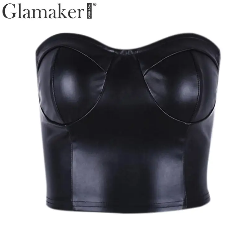 Glamaker, PU leater, без бретелек, бодикон, короткий топ, для женщин, летний, пуш-ап, майка, топик, женский, черный, элегантный, обрезанный, сексуальный топ, топики