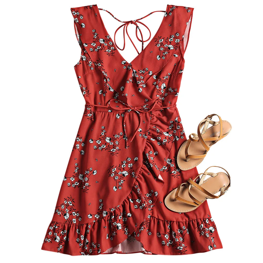 Wipalo Red Ruffled Mini Dress Women Floral Print Summer Beach Dresses Casual Sleevelesss V Neck 