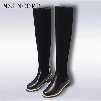 

Size Fashion 34-43 New Ladies Shoes Square Low Heel Women Over The Knee Boots Scrub Black Woman Stretch Fabric Motorcycle Boots
