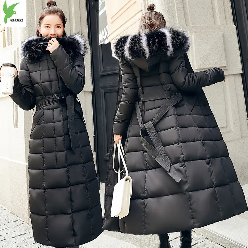 

2018 New Korean Super Long Overcoats Ladies Slim Cap Sleeved Warm Cotton Coat Fashion Femal Down Parka Women Color Collar