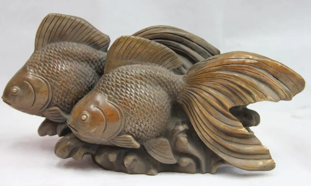 

6" Chinese Folk Old Copper Bronze Feng Shui Lucky Wealth Two Goldfish Fish Statue