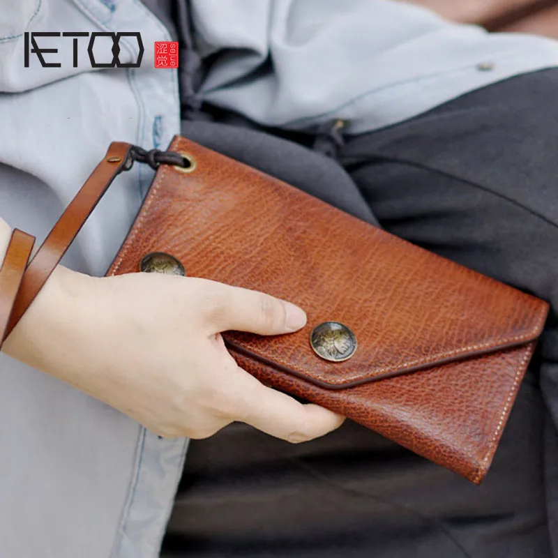 

AETOO Retro punk handmade cowhide leather Korean long wallet men's and women's wallet old