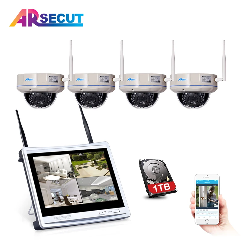 

ARSECUT WIFI P2P 4CH NVR With 12 Inch LCD Screen Wireless CCTV Camera System Waterproof Dome Outdoor Video Surveillance Kits
