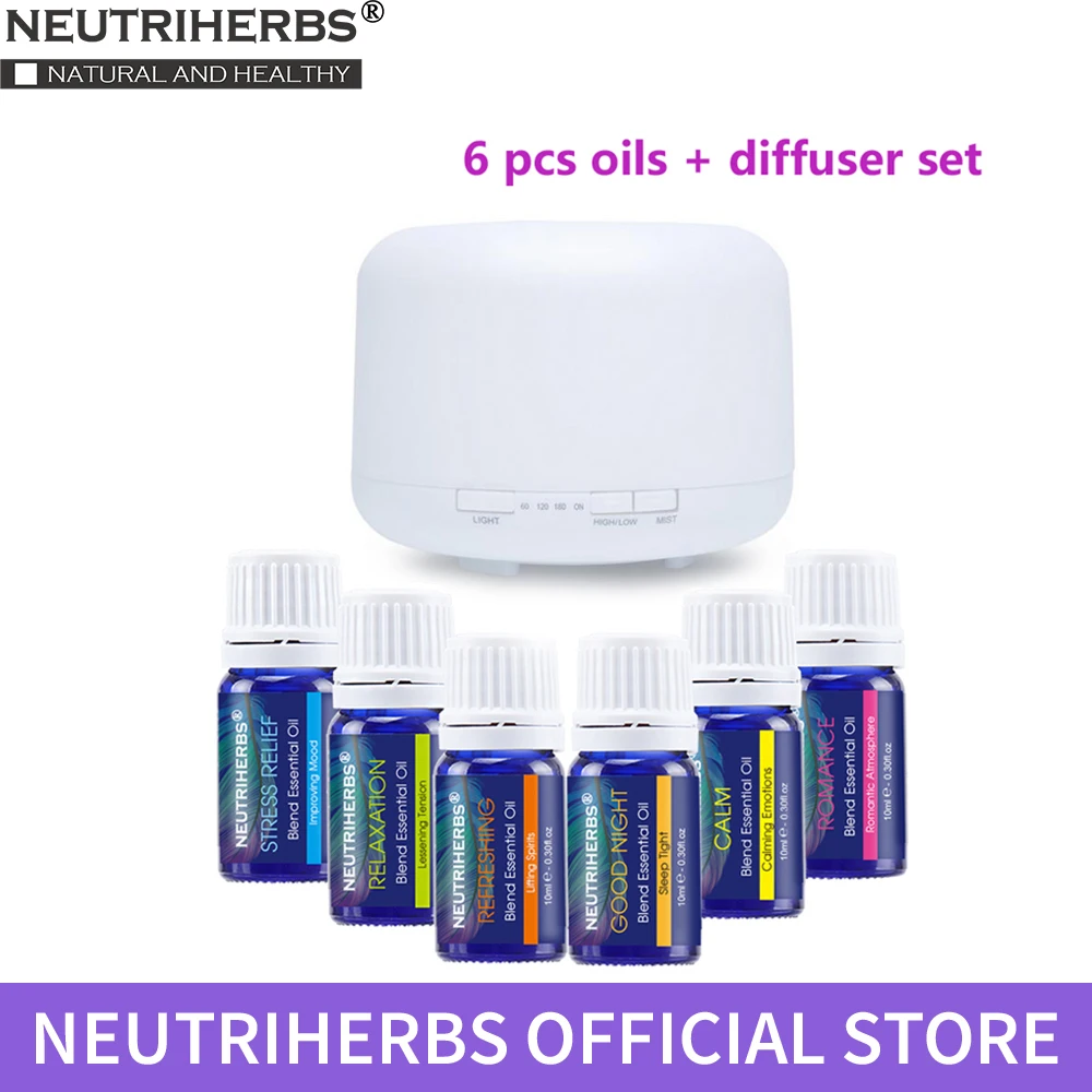 

500ml Aroma Essential Oil Diffuser Set with 6 Compound Essential Oils Wood Grain Ultrasonic Air Humidifier Aromatherapy LED Lamp