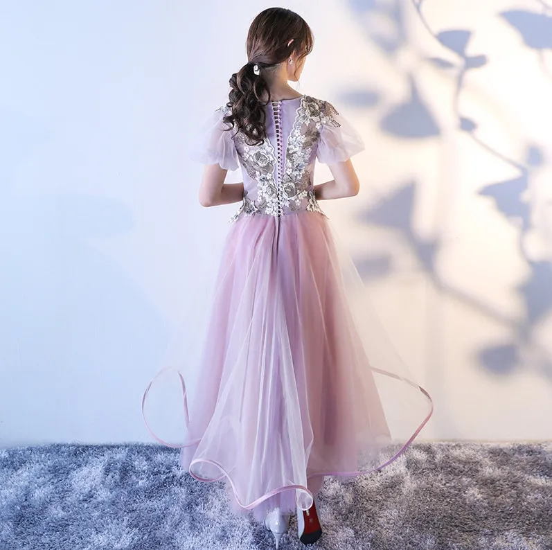 Evening Dresses Long Appliques Tulle Short Sleeves A Line Elegant Party Gowns Prom Dresses Robe De Soiree