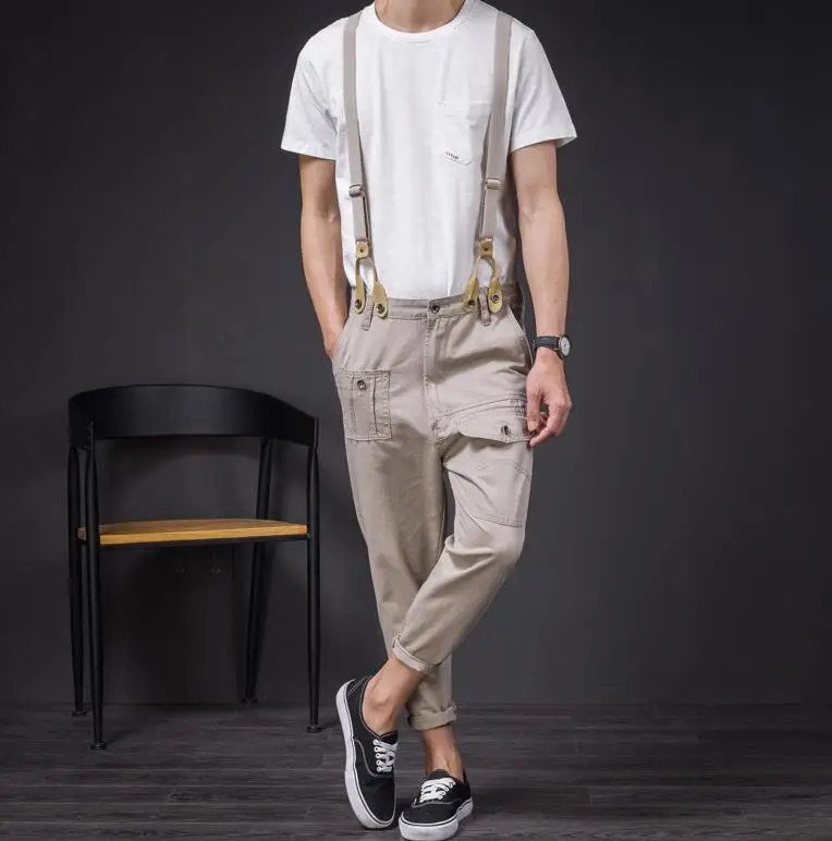 men Vintage spaghetti strap slim pants male disassembly bib pants