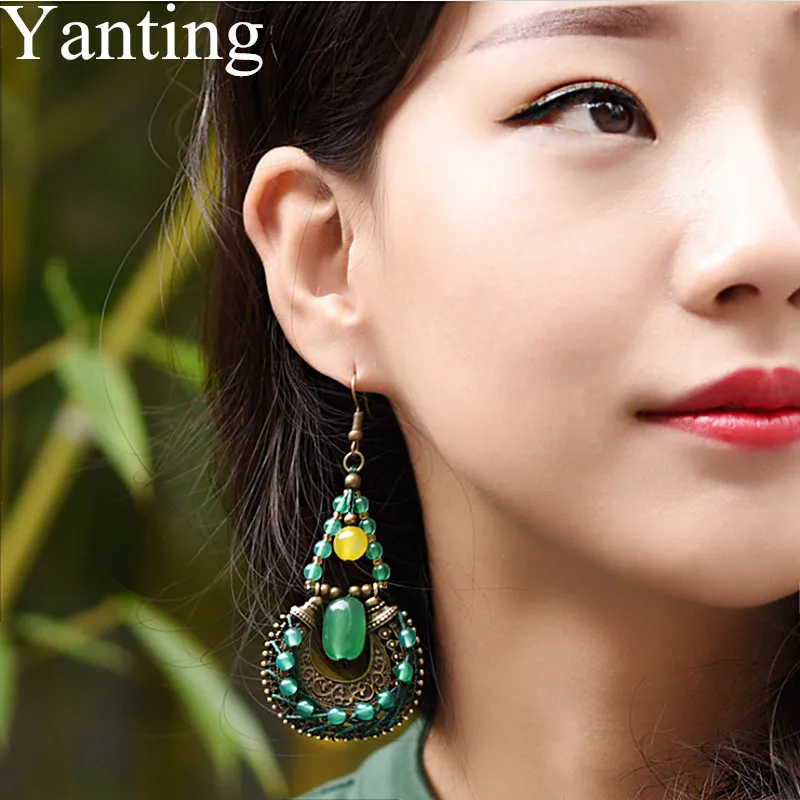Yanting Ethnic Drop Earrings For Women Natural Yellow Green Stone